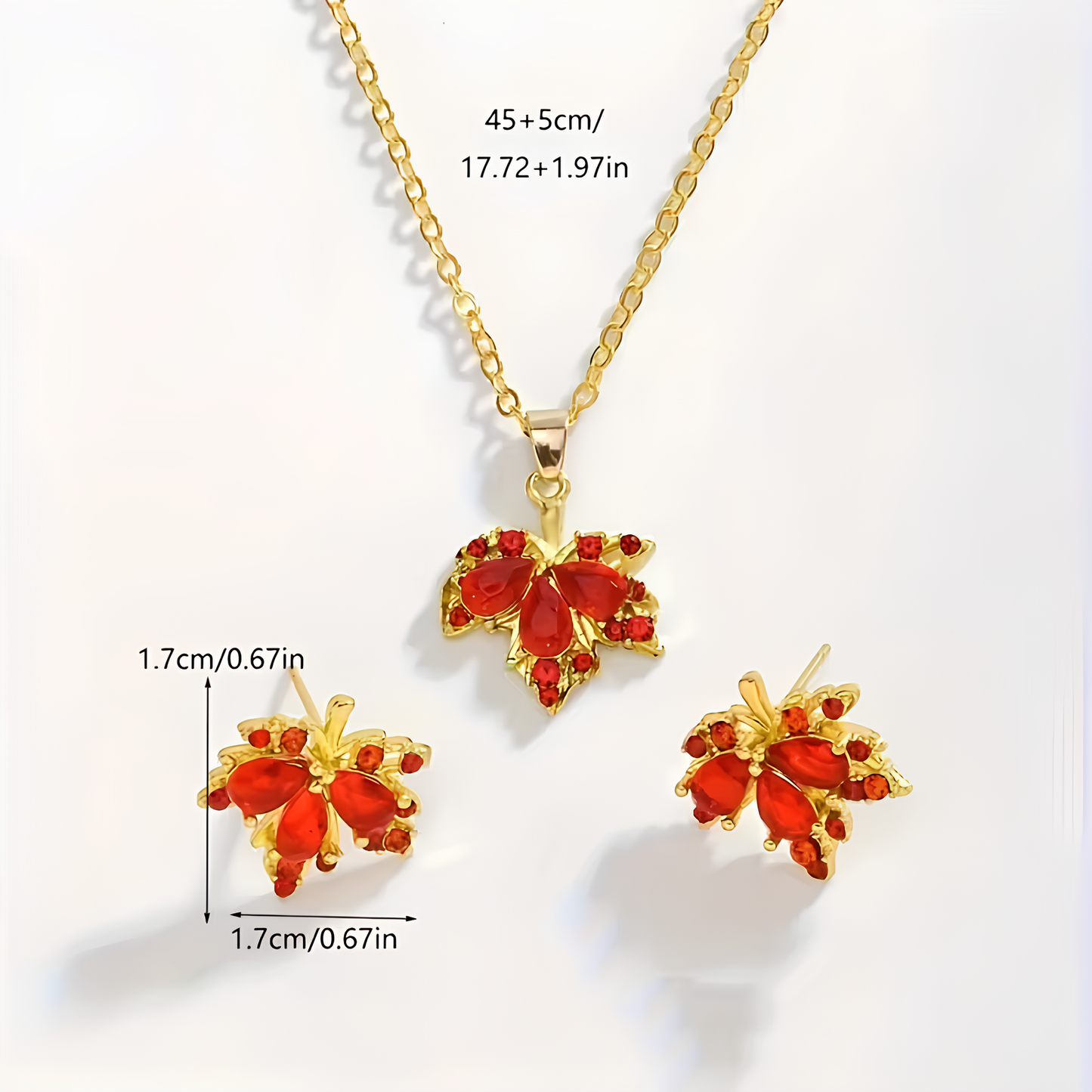 Dilove Zarif Yaprak Takı Seti – Kırmızı Taşlı Kolye ve Küpe