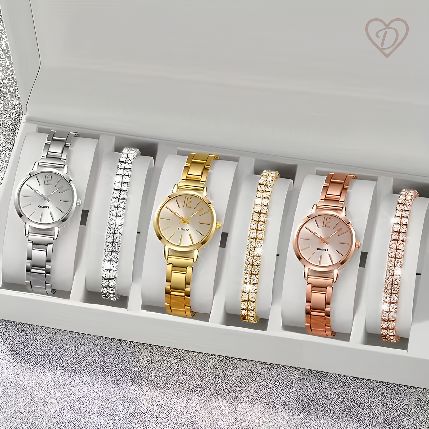 Dilove Lüks Kadın Kuvars Saat Seti – Metal Kordonlu 6’lı Takı Seti