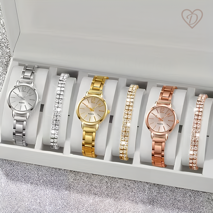 Dilove Lüks Kadın Kuvars Saat Seti – Metal Kordonlu 6’lı Takı Seti