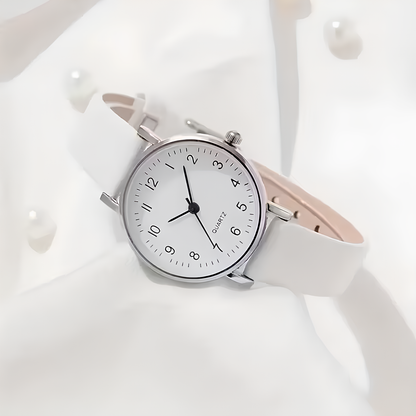 Dilove Kadın Kuvars Saat & Bileklik Seti – Beyaz Deri Kayışlı Şık Kombin