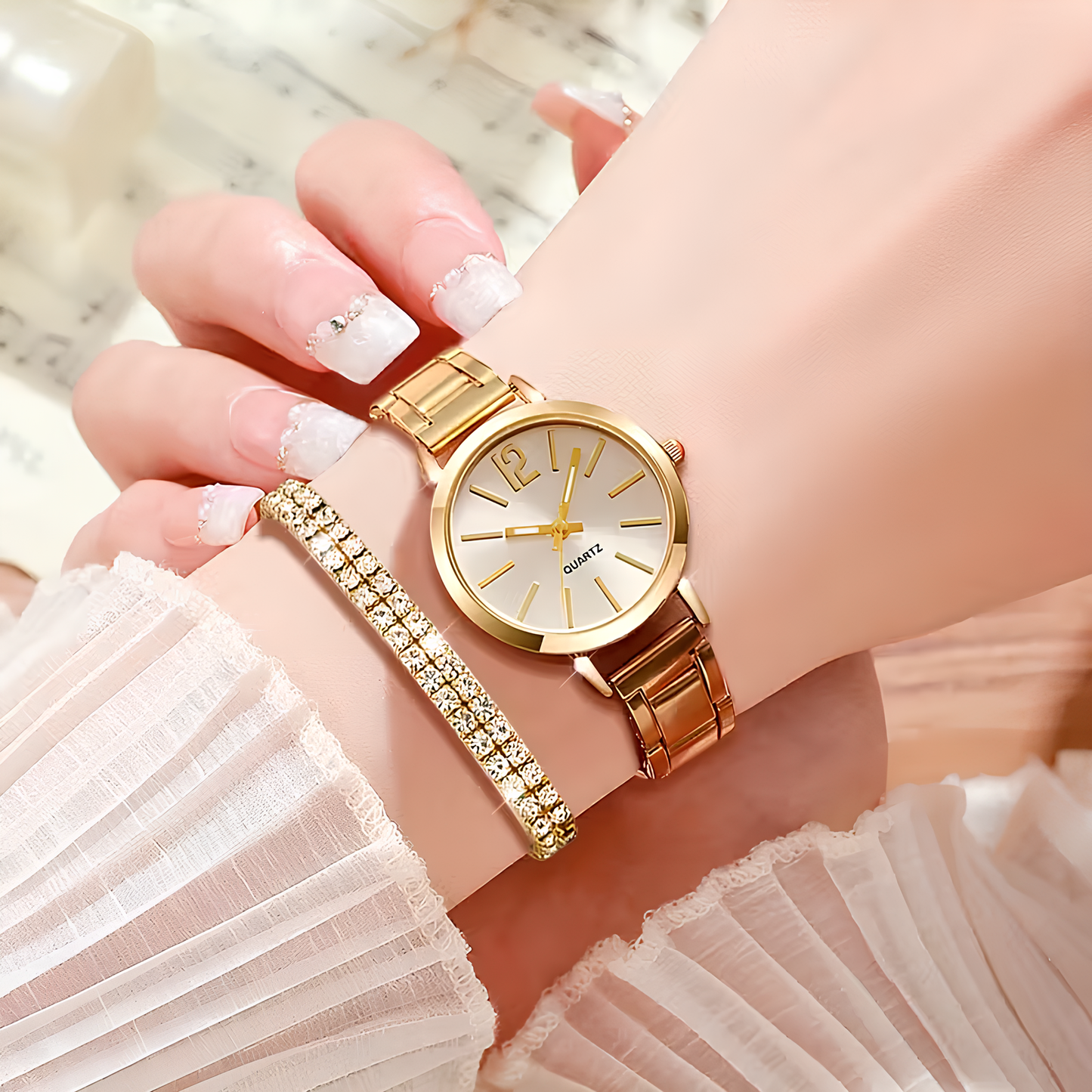 Dilove Lüks Kadın Kuvars Saat Seti – Metal Kordonlu 6’lı Takı Seti