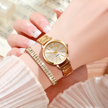 Dilove Lüks Kadın Kuvars Saat Seti – Metal Kordonlu 6’lı Takı Seti