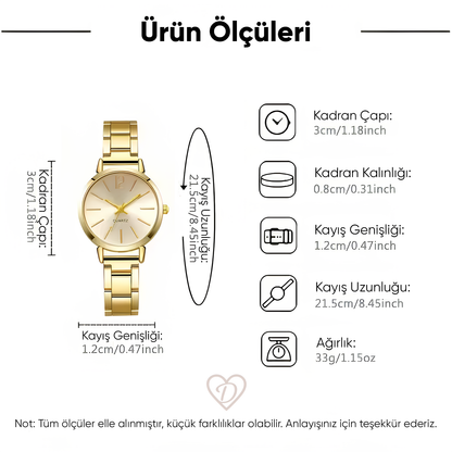 Dilove Lüks Kadın Kuvars Saat Seti – Metal Kordonlu 6’lı Takı Seti