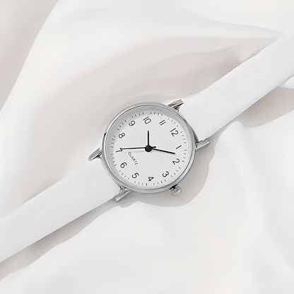 Dilove Kadın Kuvars Saat & Bileklik Seti – Beyaz Deri Kayışlı Şık Kombin