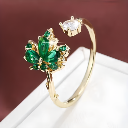 Kırmızı & Altın Yaprak Kadın Yüzük – Modern Zirkon Taşlı Ayarlanabilir | Dilove