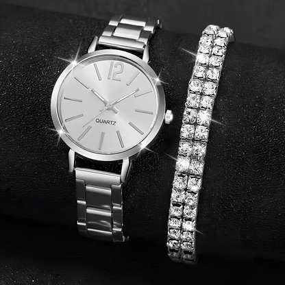 Dilove Lüks Kadın Kuvars Saat Seti – Metal Kordonlu 6’lı Takı Seti